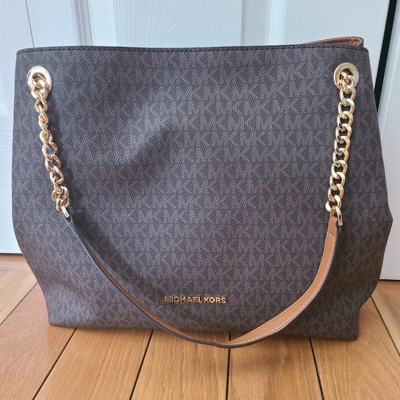 Michael Kors Chain Tote Bag – NWT Brown MK Logo Gold Hardware Shoulder Purse - Picture 5 of 12